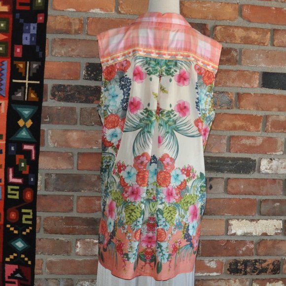 JOHNNY WAS 3J Workshop Sleeveless Blouse Silk Cotton Floral Sheer Plaid Tunic M - Picture 2 of 7